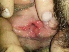 Teasing a hairy teen pussy – Closeup